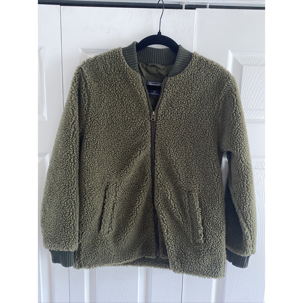 Abercrombie & Fitch Sherpa Bomber Jacket Womens Size XS Olive Green Teddy Fleece